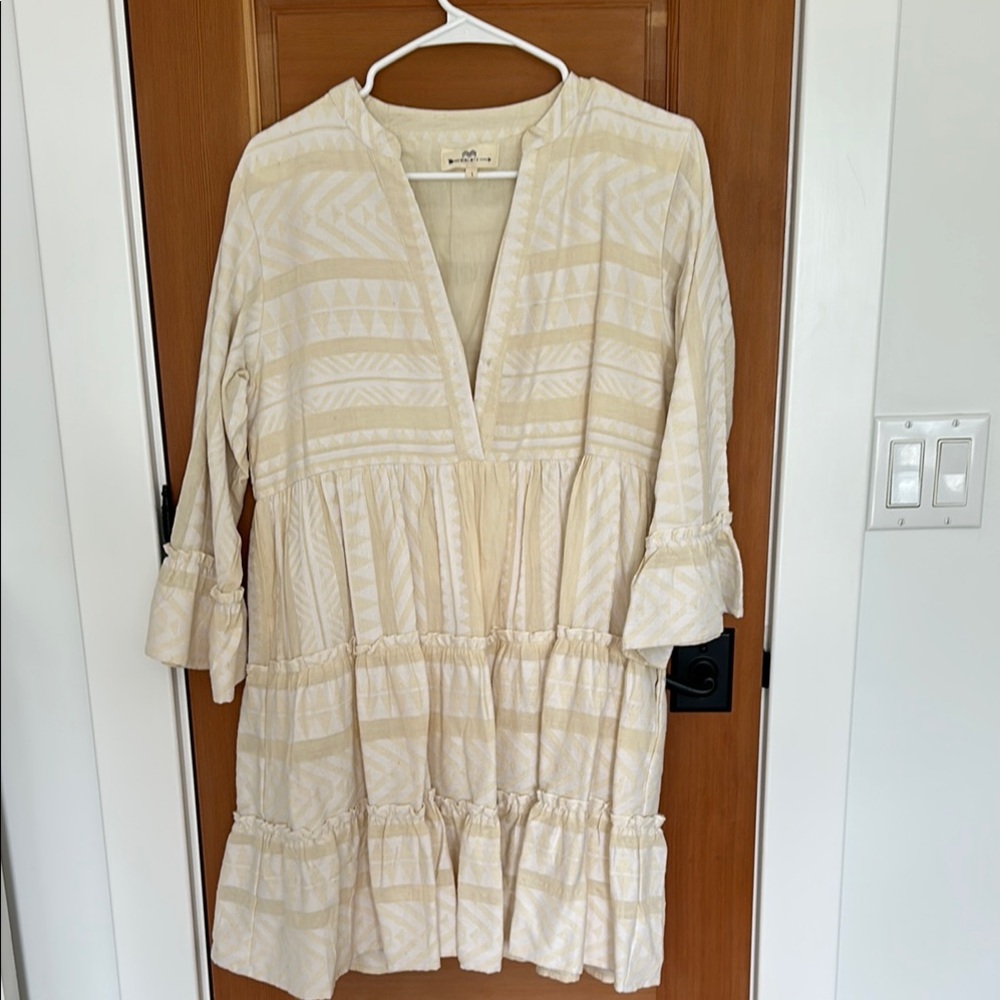 Cream Patterned V-Neck Dress